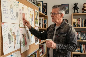 Réalisateur de films de super-héros étudiant un storyboard dans son bureau de production cinématographique