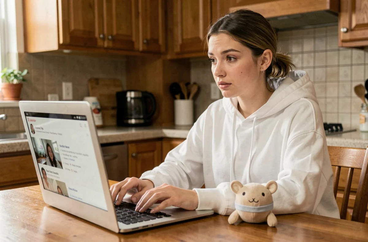 Jeune femme recherchant des conseils pour authentifier un Labubu acheté en ligne depuis chez elle
