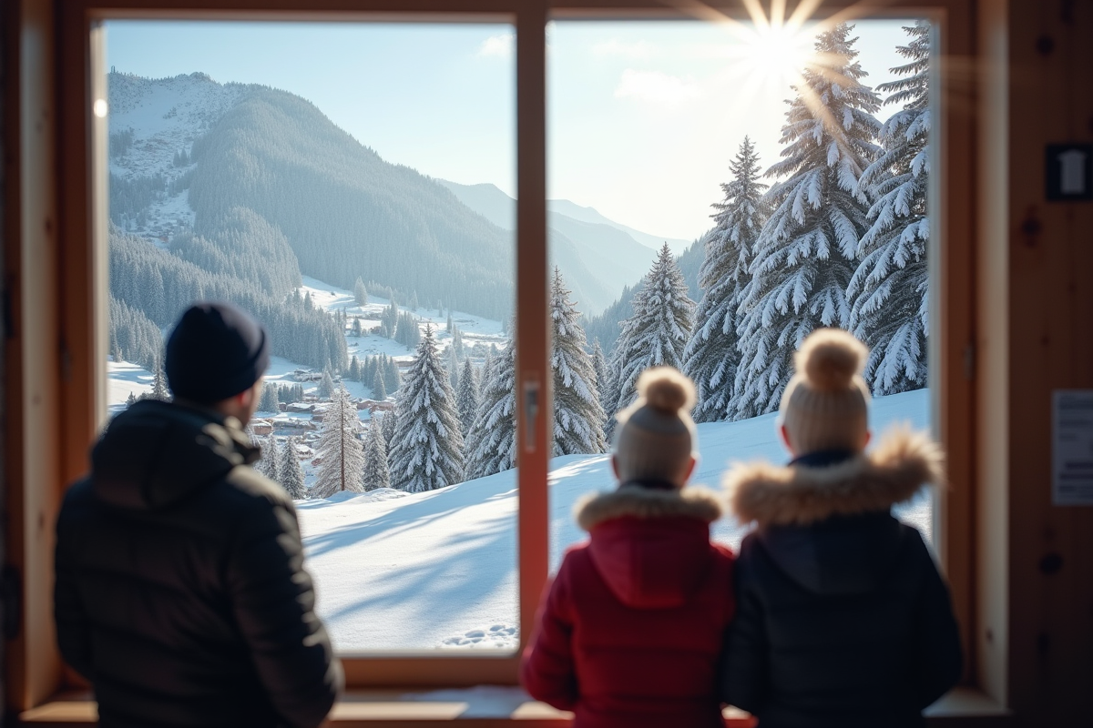 Gens regardant un plateau enneige par une grande fenêtre