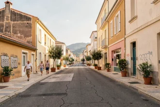 Rue du quartier nord de Marseille en cours de rénovation urbaine, mélange de bâtiments rénovés et anciens avec des habitants en promenade