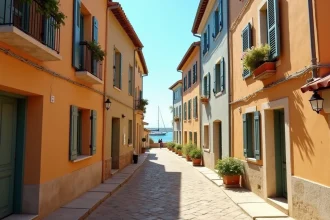 Rue pavée pittoresque du centre historique de Sète avec façades colorées et aperçu du port, décor emblématique de la série Demain nous appartient