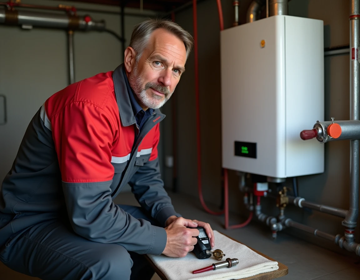 Technicien entretenant une chaudière à gaz dans une maison près de Dole dans le Jura