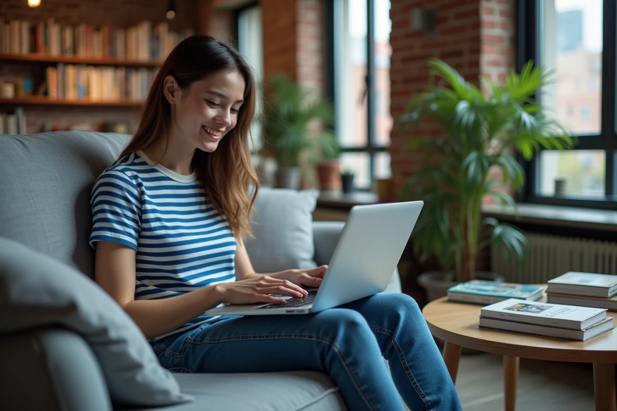 Jeune femme lisant le scan de One Piece en ligne sur son ordinateur portable dans un salon moderne