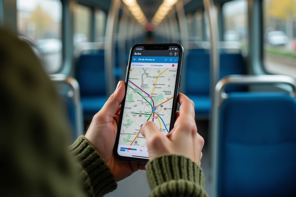 Mains tenant un smartphone avec l'application du plan RER Île-de-France dans un wagon de train