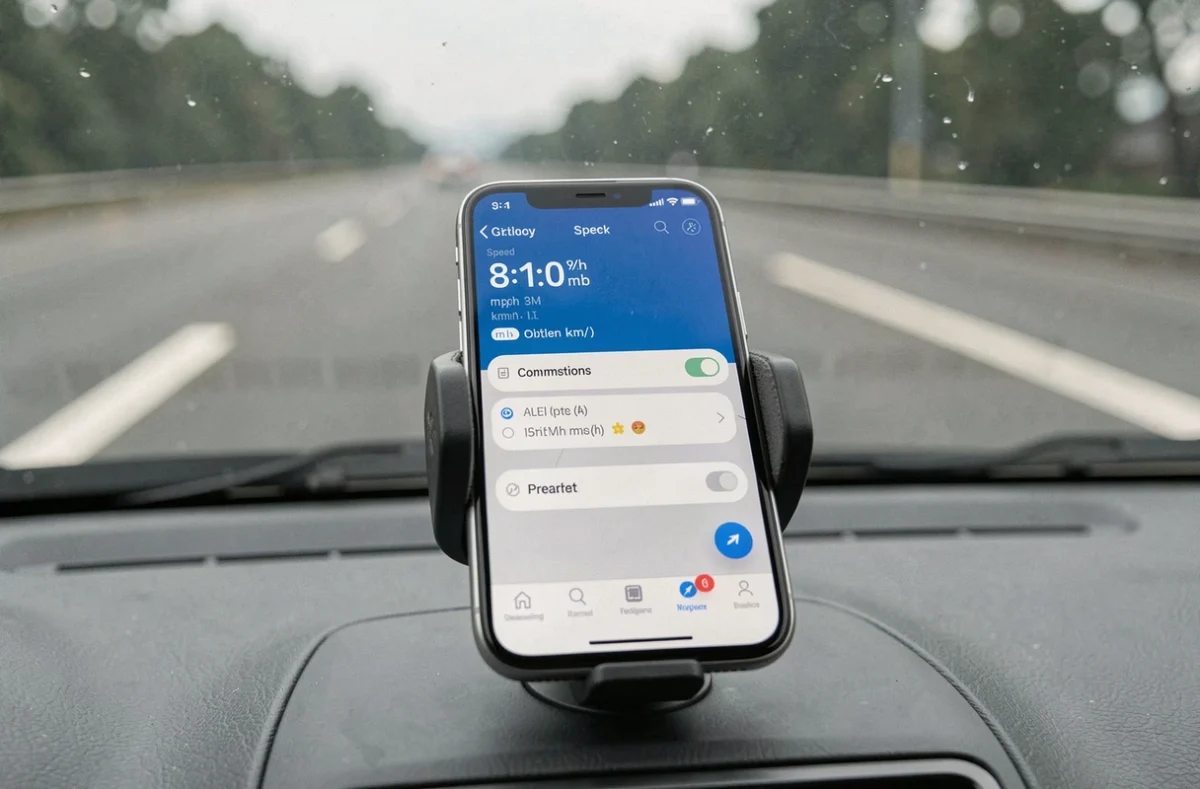 Smartphone fixé sur tableau de bord affichant une application GPS avec conversion mph en km/h sur autoroute