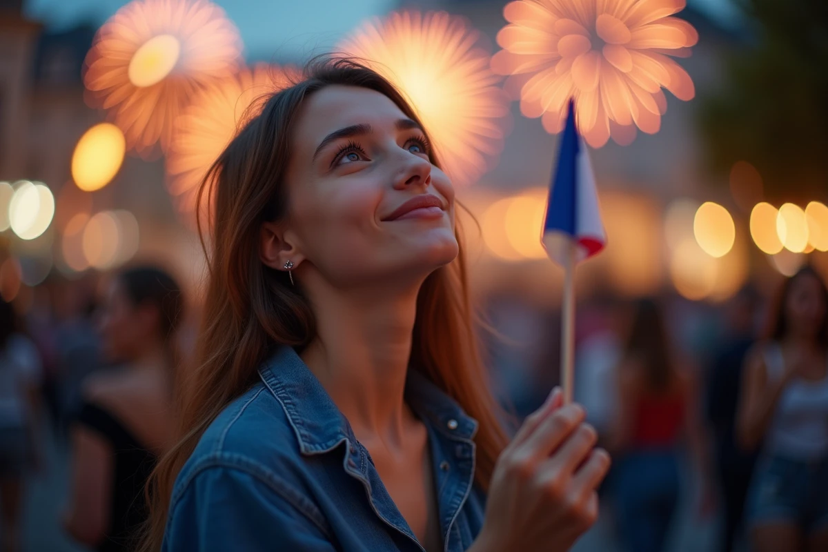 Femme admirant le feu d'artifice du 14 juillet à Villeneuve d'Ascq avec reflets colorés sur son visage