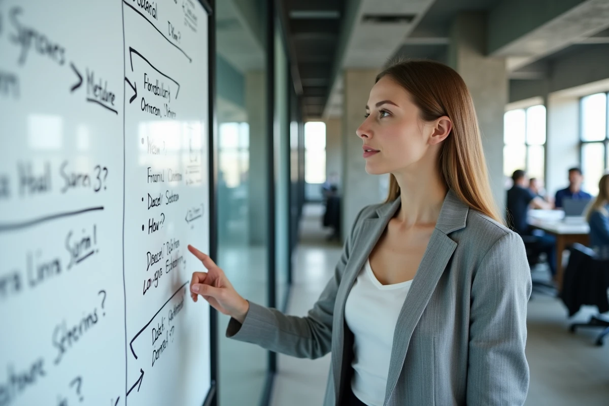 Stratège en contenu debout devant un tableau blanc avec des comparaisons de termes techniques, illustrant le débat sur l'évolution du vocabulaire professionnel en 2026