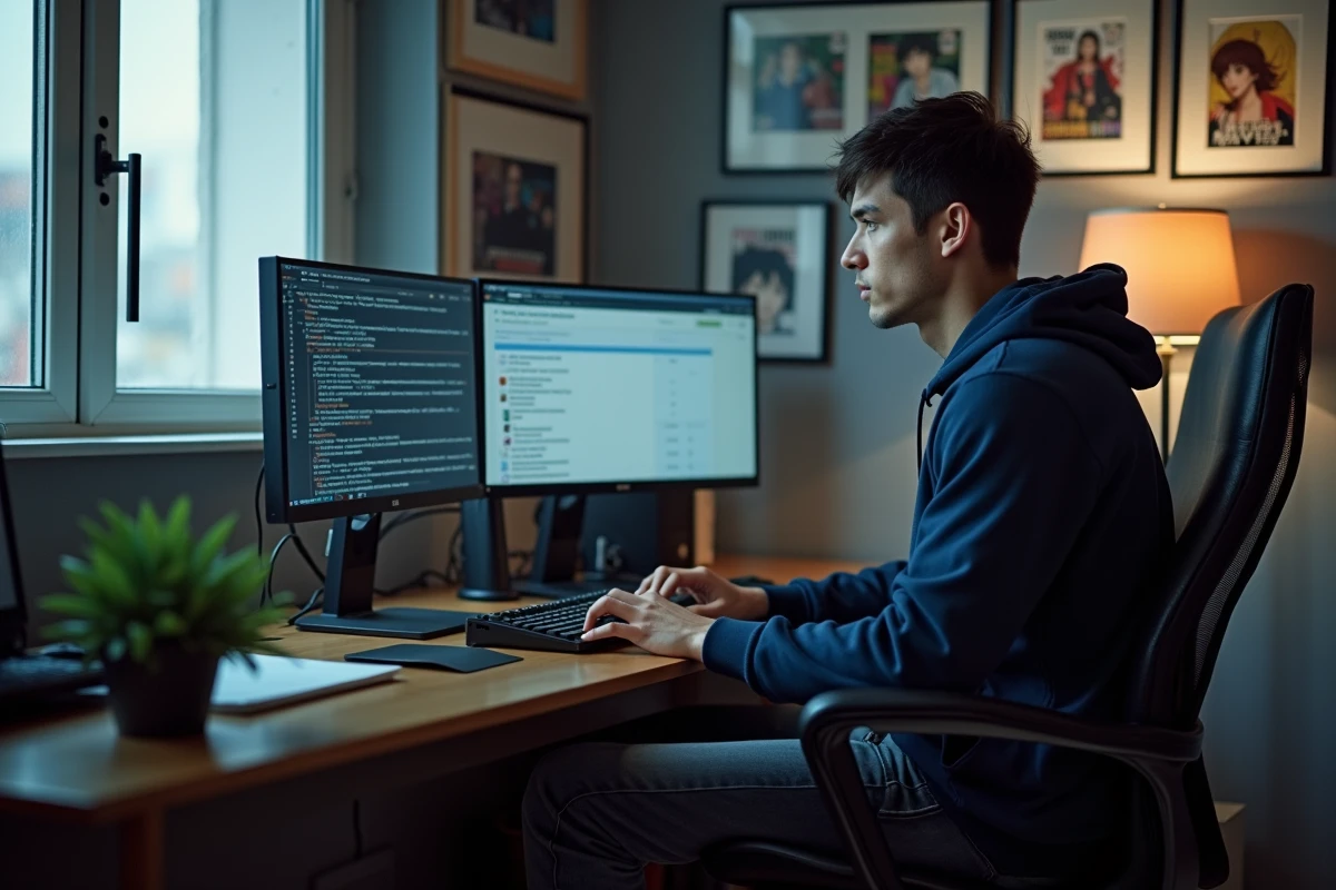 Homme consultant un site de suivi de séries manga sur grand écran dans un bureau à domicile organisé