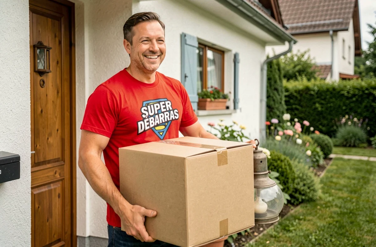 Employé souriant de Super Débarras portant des cartons hors d'une maison alsacienne