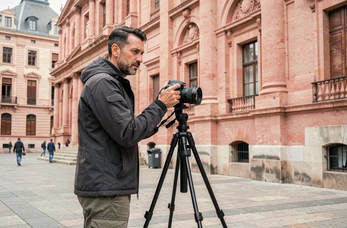 Photographe Sylvain Gelineau avec trépied photographiant l'architecture en briques roses du Capitole à Toulouse