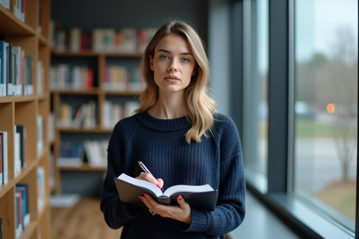 Jeune femme prenant des notes sur les synonymes et expressions du verbe s'amenuiser dans une bibliothèque moderne