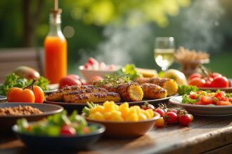 Table de barbecue d'été avec plats colorés en plein air