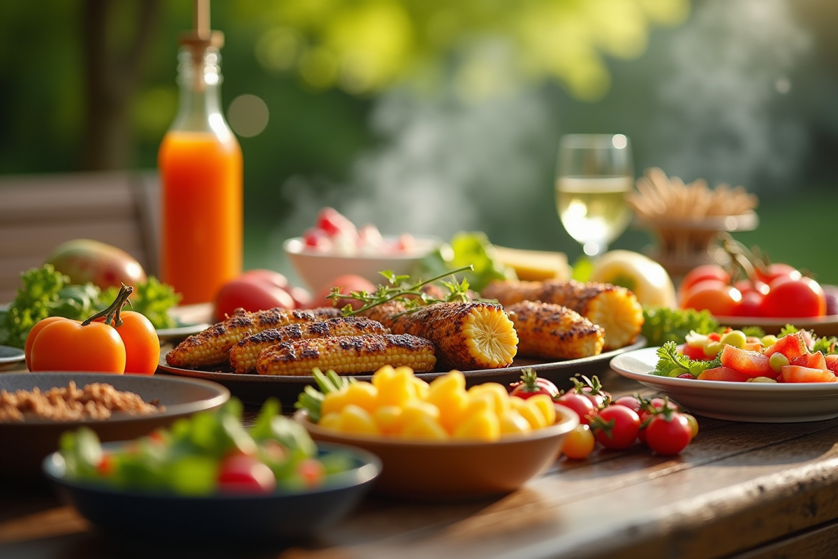 Table de barbecue d'été avec plats colorés en plein air