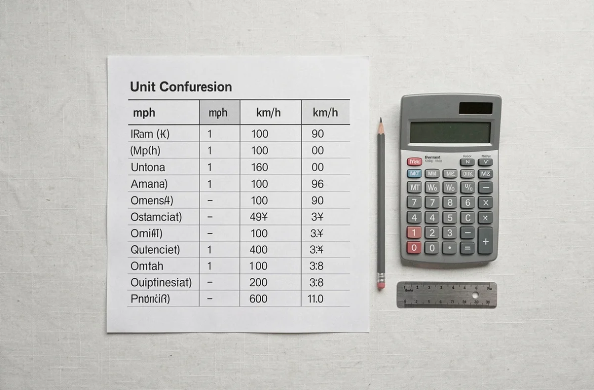 Vue aérienne d'un tableau de conversion mph km/h avec calculatrice et règle sur fond blanc
