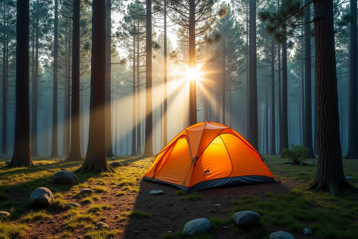 Tente solitaire dans une forêt au matin avec soleil filtrant