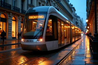 Tramway de Bordeaux la nuit à l'arrêt, reflets sur les pavés mouillés et façades historiques illuminées