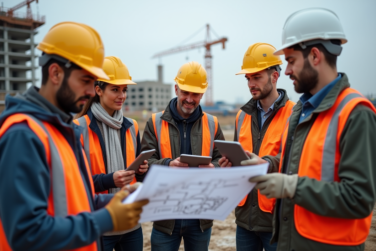 Groupe de travailleurs sur un chantier avec plans et tablettes