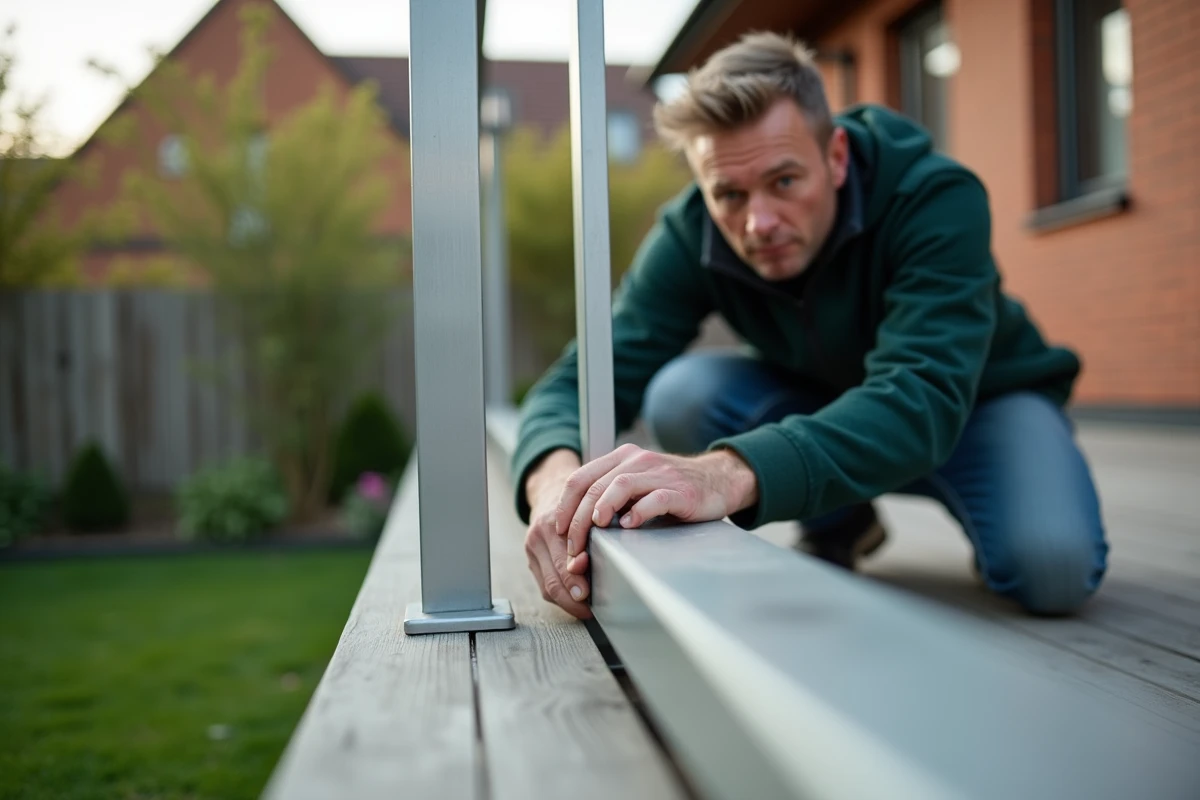 Homme vérifiant l'ajustement d'un barreau aluminium découpé sur une balustrade en cours de montage sur une terrasse extérieure