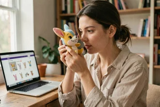 Jeune femme examinant attentivement un Labubu pour vérifier son authenticité lors d'un achat en ligne