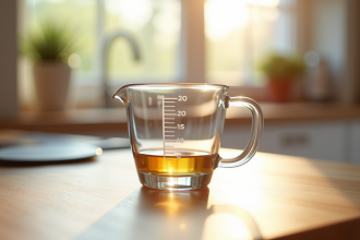 Verre mesureur rempli à 20 ml sur plan de travail en bois