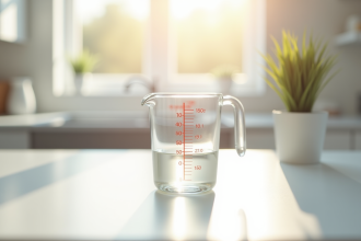 Verre mesureur rempli à 50 cl sur plan de cuisine lumineux