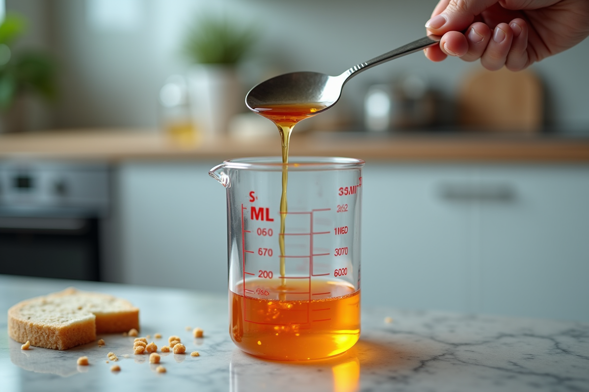 Liquide versé à la cuillère dans un bécher en cuisine moderne