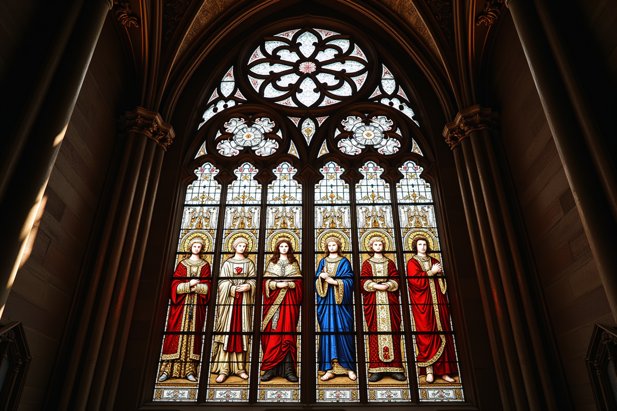 Vitrail coloré représentant la royauté française dans une cathédrale