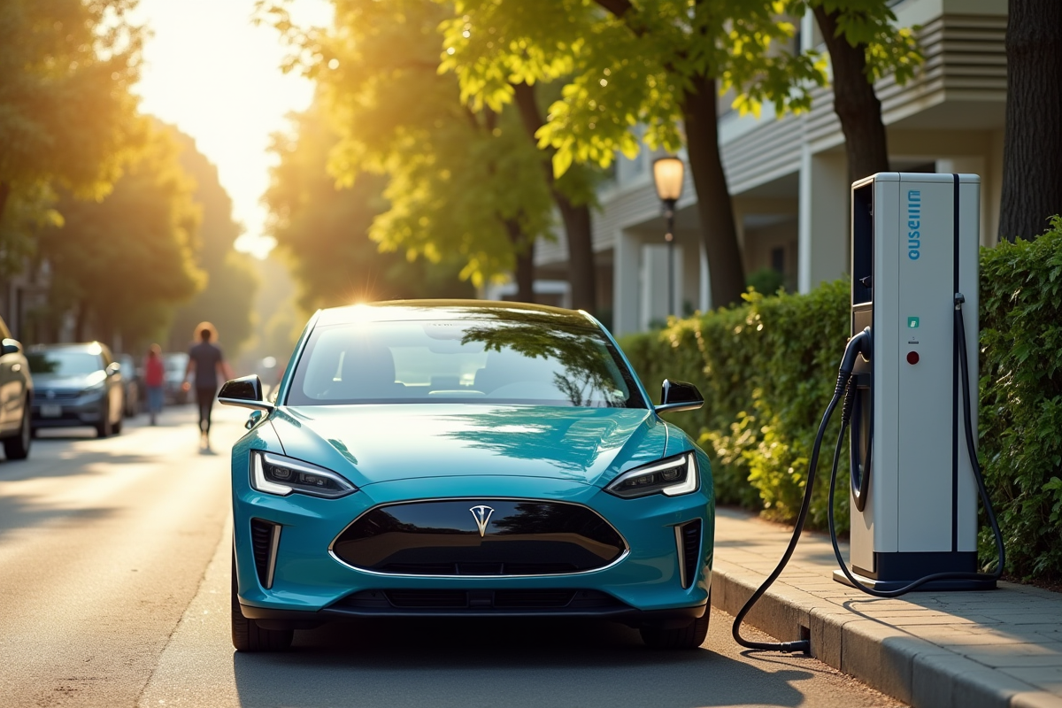 Voiture électrique branchée dans une rue verte ensoleillée