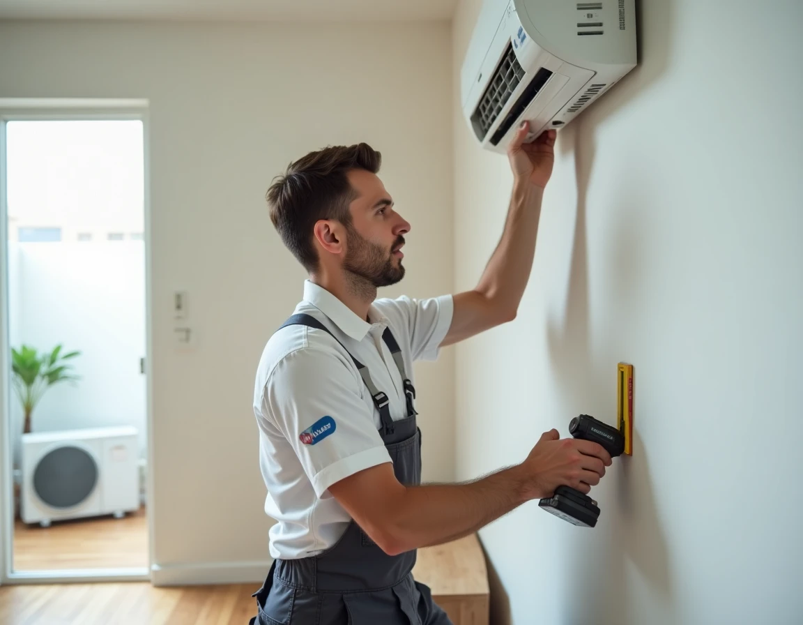 Technicien installant un système de climatisation et de plomberie dans une maison près de Dole
